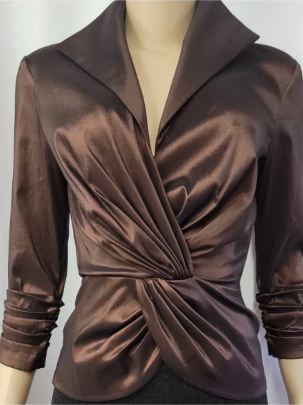 Tadashi Collection Brown Satin-Look Ruched Knot Blouse Sz 6